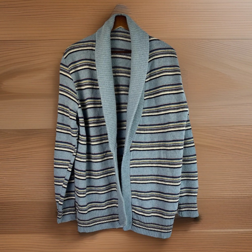 Vintage Striped Cardigan Blue Shawl Sweater XL/OS Grandpa Grunge Punk